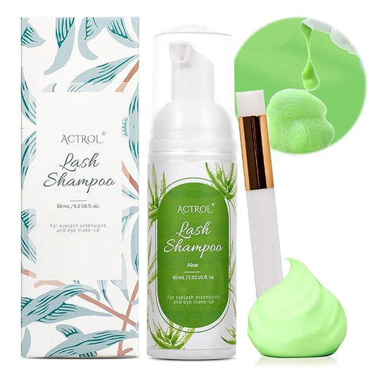 Eyelash Extension Cleanser 60ML Colored Green Aloe Lash Extension Shampoo Professional Eyelid Foaming Cleanser Paraben & Sulfate Free Non-lrritating with Salon and Home Care
