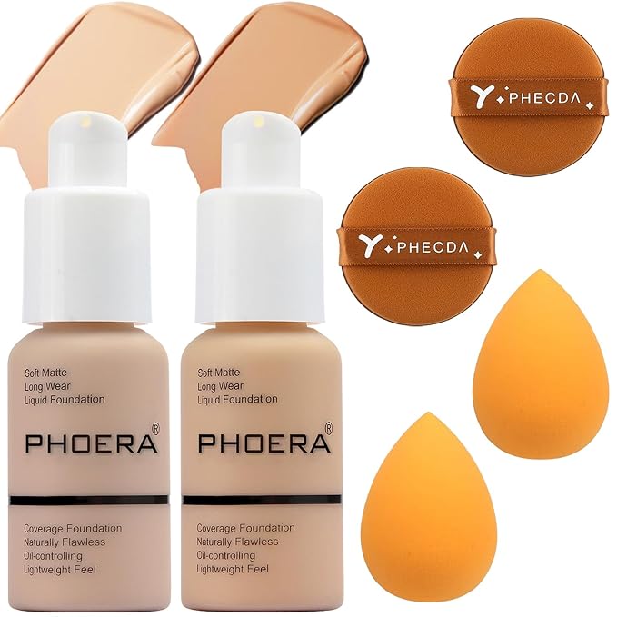 Foundation Set, 2Pcs Flawless Foundation and Makeup Spong Set for Natural Look, Waterproof, Medium Coverage, Matte Finish, Oil-Control, Odorless, Super Stay Up to 12 Hour (102 & 104)