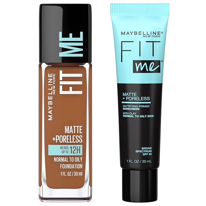 Maybelline Fit Me Matte + Poreless Liquid Foundation + Fit Me Mattifying Primer Makeup Bundle, Includes 1 Foundation in Mocha and 1 Primer