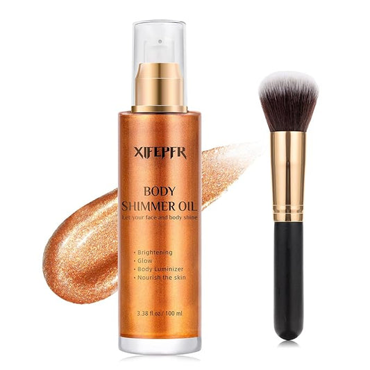 Body Shimmer Oil, Bronze Gold Luminizer Face Highlighter Liquid Illuminator With Makeup Brush, Long Lasting Moisturizing Glitter Oil for Makeup Brighten (3.38 Fl Oz/#03)