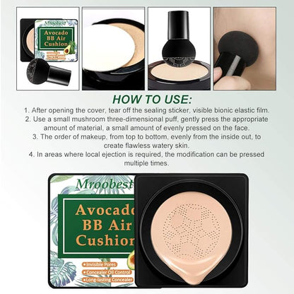 BB Mushroom Air Cushion, Avocado BB/CC Cream, All-Day Lasting Nude Foundation, Even Skin Tone Makeup Base, Easy to Apply, Thin, Moist