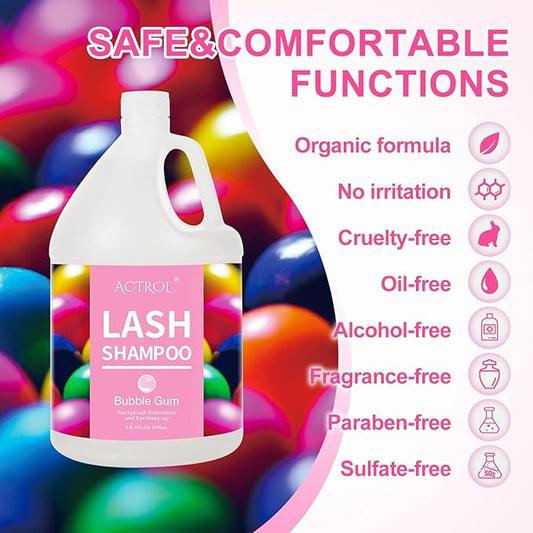 Eyelash Extension Cleanser Gallon Bubble Gum 3.8L Natural Lash Extension Shampoo Professional Eyelid Foaming Cleanser Paraben & Sulfate Free Non-lrritating with Salon and Home Care
