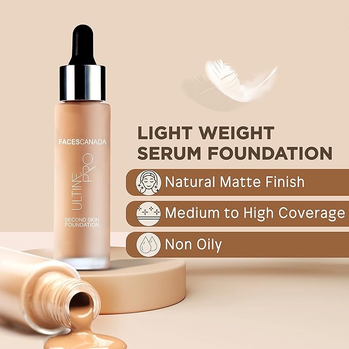 Faces Canada Second Skin Serum Foundation, Spf 15, Ultra Light Weight, Marine Algae Extract Enriched, Natural Matte Finish, Hd Flawless Radiance, Natural, 4.94 Oz