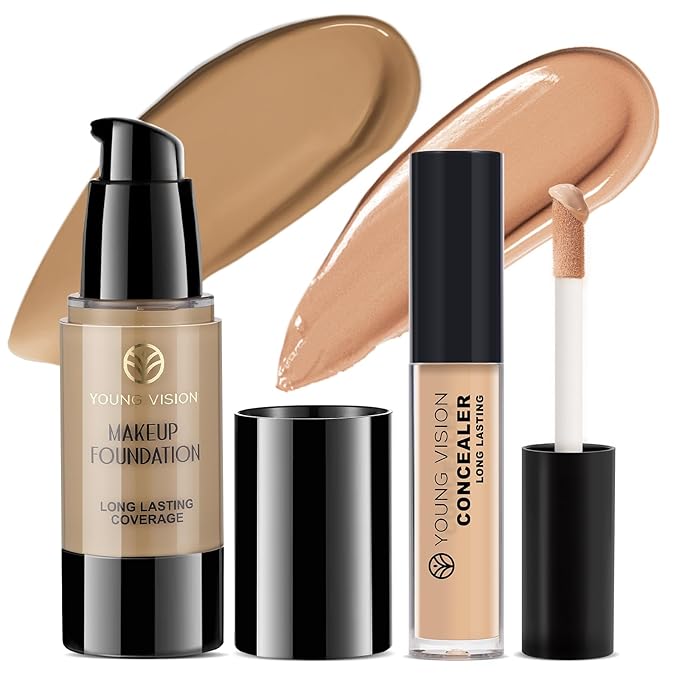 YOUNG VISION Full Coverage Liquid Foundation and Concealer Duo – Long-Wear, Lightweight, Non-Comedogenic, Hydrating, Oil-Free, Waterproof, Skin-Like Finish for All Skin Types