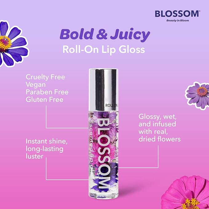 Blossom Roll on Lip Gloss, Scented Clear High Shine Moisturizing Lip Oil, Non Sticky, Infused with Real Flowers, Made in USA, 0.2oz, Lychee