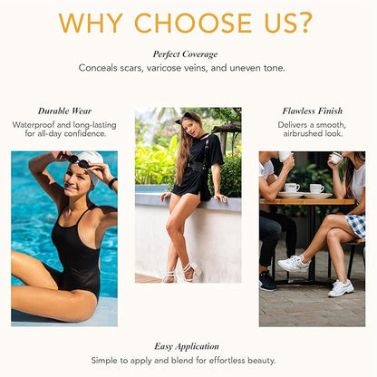 Waterproof Leg and Body Makeup, Long Lasting Skin Perfecting Body Foundation, No Transfer Vein Cover Up for Varicose Veins, Black Skin, Scars, Tattoos#Medium Glow 4FL OZ