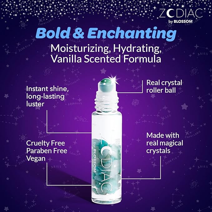 Blossom Lip Gloss Zodiac Sign Vanilla Scented Roll-On Lip Gloss, Moisturizing + Hydrating with Zodiac Crystals, Made in USA, 0.20oz, Pisces