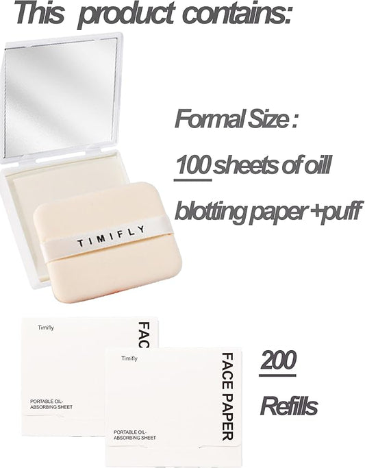 Oil Blotting Paper - 300 Sheets w/Mirror, Puff & Refills, Absorbs Excess Face Oil, Controls Shine, Gentle for Makeup Use