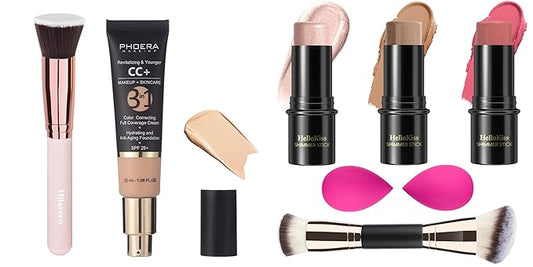PHOERA CC Cream Foundation With SPF,PHOERA Full Coverage Foundation Color Correcting Cream,3 Pcs Cream Contour Stick Makeup Kit, Shades with Highlighter Stick, Blush Stick and Bronzer Contour Stick