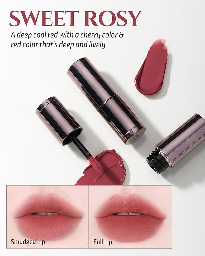 HEVVYMAKEUP Blurring Effect Lip Tint(Moody) - Airy Velvet Matte Lips - Vegan, Longwear, Vibrant, Buildable Creamy Soft Texture - Korean Lip Makeup, Sweet Rosy, 0.13 fl.oz.