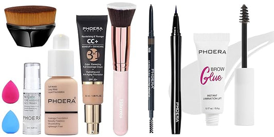 PHOERA Foundation, PHOERA CC+ Cream Color Correcting Anti Aging Hydrating Serum &SPF 25+,PHOERA Eye Makeup Kit, Include Eyebrow Pencil,Eyeliner and Eyebrow Gel Clear