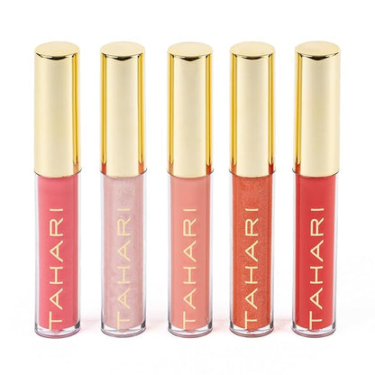 VOTUM Tahari 5pc Lip Gloss Set – Shimmery Lip Glosses for Women and Girls, Non-Sticky, High Shine with Pink & Red Finishes