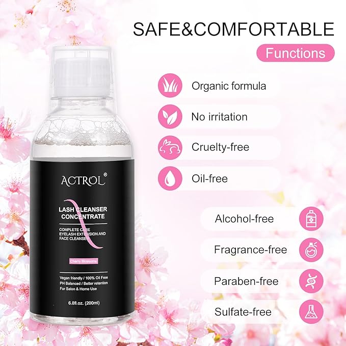 Eyelash Cleanser Concentrate 200ml Cherry Blossoms Professional Lash Shampoo Foaming Cleanser DIY Paraben & Sulfate Free Non-lrritating Wash for Extensions Lashes with Salon Home Care-Makes 20 Bottles