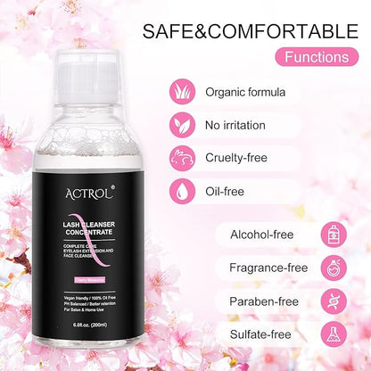 Eyelash Cleanser Concentrate 200ml Cherry Blossoms Professional Lash Shampoo Foaming Cleanser DIY Paraben & Sulfate Free Non-lrritating Wash for Extensions Lashes with Salon Home Care-Makes 20 Bottles