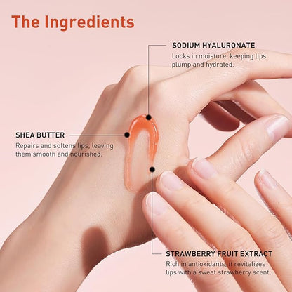 Lip Oil Balm Strawberry: Hydrate and Nourish with Natural Strawberry Extracts& Hyaluronic Acid Complex, Softening, Gloss Finish, Christmas - Light Weight with Shea Butter