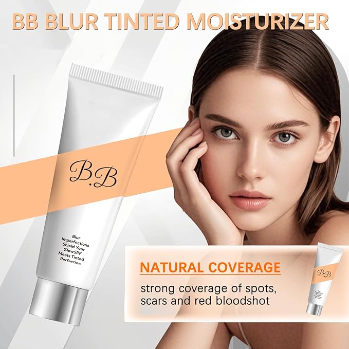 BB Blur Tinted Moisturizer SPF 30, BB Tinted Care Primerwith Brush, BB Cream Tinted Moisturizer for Woman (Light, 1)