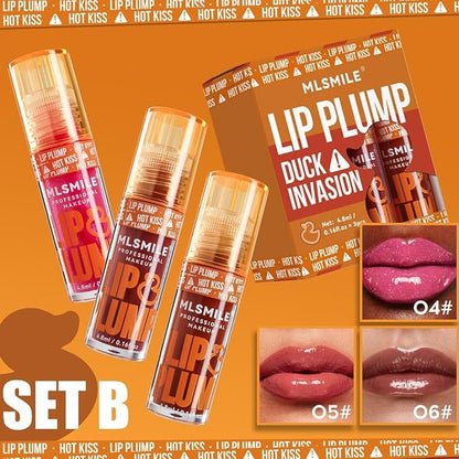 3 Colors Duck Lip Plumper Gloss, Glitter Shine Primer Lip Tint Korean Clear Plumping Lip Gloss, No Sticky Sexy Lip Gloss, Hydrating Lip Glow Oil Plumping Gloss Tinted Lip Balm (Set B)