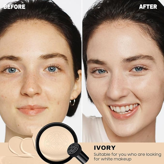 Mushroom Head Air Cushion CC Cream - Long-Lasting & Brightening BB Cream Foundation for Mature Skin, Waterproof & Moisturizing Full Coverage Self Adjusting Concealer for Even Skin Tone (Ivory)