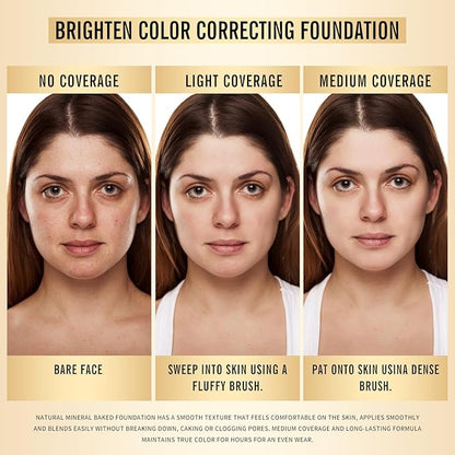 KIMUSE Baked Foundation, Brighten Color Correcting Powder Foundation, Lighting Glow Baked Foundation for Mature Skin, Buildable Coverage, Radiant Natural Finish