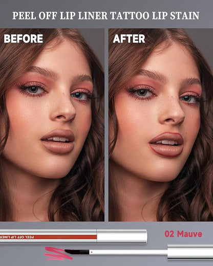 Peel Off Lip Stain Long Lasting, Lip Liner Stain Peel Off for Women Tattoo Lipstick Waterproof Lip Gloss Matte Finish Peel Off Lip Liner Lip Stain High Pigmented Transfer-Proof Lip Makeup, Mauve