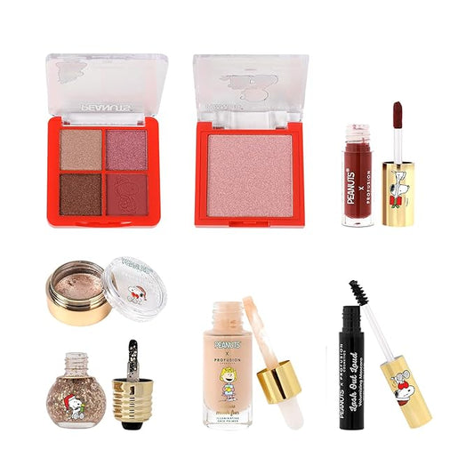 Profusion Cosmetics Peanuts Holiday 12 PC Makeup Essentials, Featuring Highlighter, Primer, Mascara, Nail Decals, and More for Creating Festive Looks
