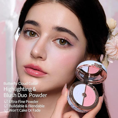 Flower Knows Butterfly Cloud Collar Rouge Box Highlighting & Blush Duo Powder 02 Seaborne Moon+Butterfly Cloud Collar Angled Powder Brush Frosty Wisteria
