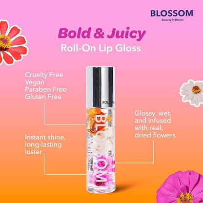 Blossom Roll on Lip Gloss, Scented Clear High Shine Moisturizing Lip Oil, Non Sticky, Infused with Real Flowers, Made in USA, 0.2oz, Juicy Peach