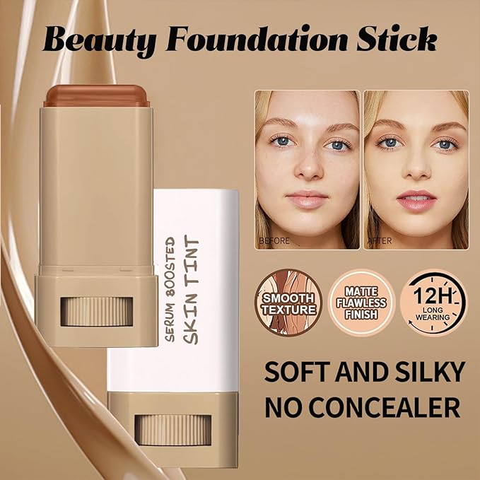 Foundation Stick Beauty Balm Serum Boosted Skin Tint, Solid Tinted Moisturizing Serum Foundation Face Stick, Multifunctional Full Coverage Concealer, Brightens, Makeup(#02)
