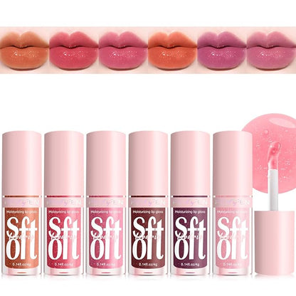 6 PCS Hydrating Lip Oil, Big Brush Head Lip Glaze Shiny Transparent Lip Glow Oil, Nourishing & Non-sticky Long Lasting Fresh Clear Smooth Lip Care Plumping Lip Oil (SET A)