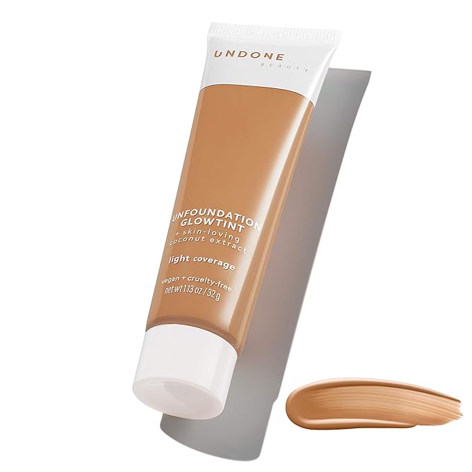 Undone Beauty Unfoundation Light Coverage Glow Tint Foundation with Coconut for Natural, Dewy Deep Neutral Glow - Enhances Face Shape, Cheeks, & Jawline - Toasted Almond Medium Dark