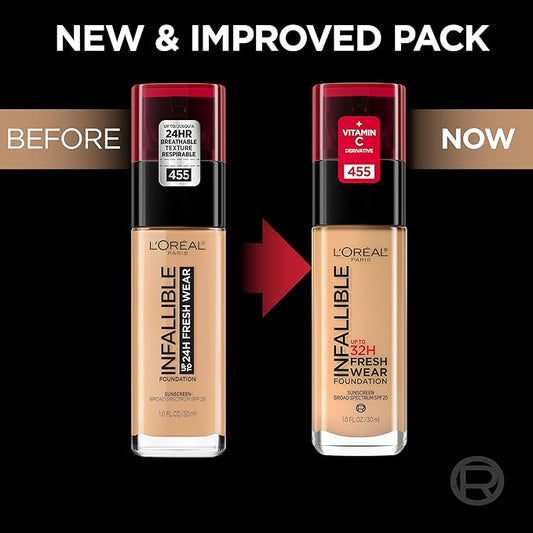 L'Oreal Paris Makeup Infallible Up to 32 Hour Fresh Wear Lightweight Foundation, 486 Toasted Almond, 1 Fl Oz, Packaging May Vary