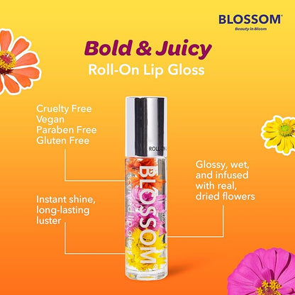 Blossom Roll on Lip Gloss, Scented Clear High Shine Moisturizing Lip Oil, Non Sticky, Infused with Real Flowers, Made in USA, 0.2oz, Mango