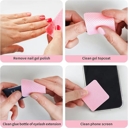 200 Pieces Nail Cotton Pads,1 Pull-Down Pump Dispenser Bottle, Super Absorbent Soft Non-Woven Eyelash Glue Wipes, Nail Polish dehumidifier for Eyelash Extension Products and Nail Oil Bottle (Pink)