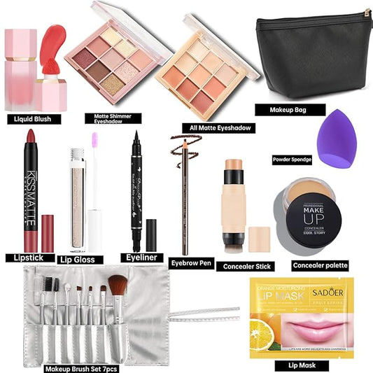 All In One Makeup Set for Women,Multipurpose Makeup Kit with Makeup Brushes, Lipsticks, Lip Gloss, Eye Shadows, Blushes, Eyebrown, Makeup Bag for Beginners and Professionals Premium Gift Set (SET B)