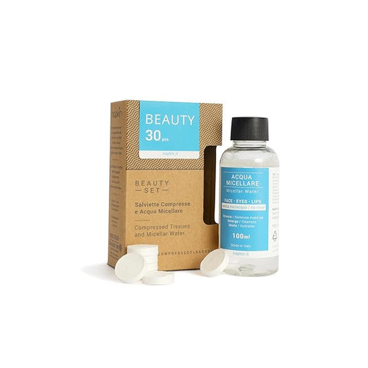 Beauty 30 - Micellar Water And Compressed Wipes - 30 Compressed Tissues In Pure Lenzing® Viscose + Napkin Micellar Water - Made In Italy - 100Ml Capacity