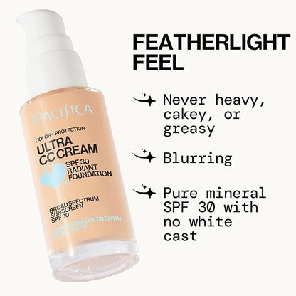 Pacifica Ultra CC Cream Radiant Foundation SPF 17 -Neutral Fair – Medium Coverage Color Correcting Cream, Dewy Finish, Mineral SPF, 1 oz
