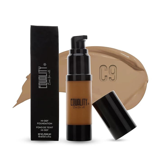 EQUALITY HI-DEF Foundation, Water resistant, Medium to Full coverage, Dewy finish non-matt, 12 hour wear Shine control, Cruelty Free, Paraben Free, 18ml/0.61 US Fl Oz - C9