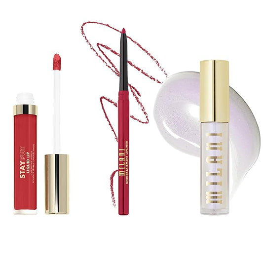 Milani Stay Put Longwear Liquid Lipstick Unhinged + Understatement Lipliner Pencil - Highly Pigmented Retractable Soft Lip Liner Pencil + Keep It Full Nourishing Lip Plumper - Moonlight