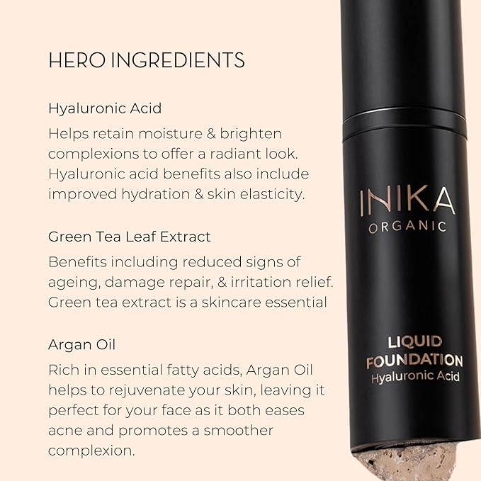 INIKA Organic Full Coverage Liquid Foundation Makeup with Hyaluronic Acid and Argan Oil, Vegan and Organic Foundation for Skin Elasticity and Plumpness, Natural Coverage, Honey, 30ml