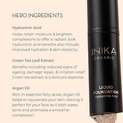 INIKA Organic Full Coverage Liquid Foundation Makeup with Hyaluronic Acid and Argan Oil, Vegan and Organic Foundation for Skin Elasticity and Plumpness, Natural Coverage, Tan, 30ml