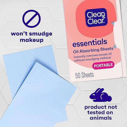 Clean & Clear Essentials Oil Absorbing Sheets, Portable Blotting Papers for Shine Control on the Face & Nose, Blotting Sheets Instantly Remove Excess Oil Without Smudging Makeup, 6 Pack