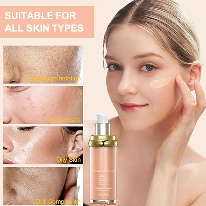 4 in 1 Foundation Liquid, Medium Coverage Foundation Makeup with Flawless Finish - Longwear & Waterproof - Moisturizing, Hydrating & Lightweight Foundation for All Skin Types, Vegan & Cruelty-Free