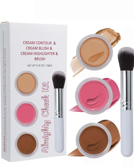 3Pcs Cream Blush Contour Highlighter Balm Makeup Set,Hydrating Tinted Miracle Glowy Face Balm Creamy Lightweight&Blendable Blusher, Highlighter Bronzer for Cheek Matte&Glitter Finish, Women Makeup- B