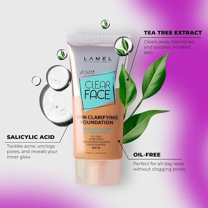 Oh My Clear Face Full Coverage Foundation for Oily & Acne Prone Skin, Salicylic Acid & Tea Tree Extract, Anti-Blemish Sensitive Skin Care, Organic & Oil-Free, 407 Medium Tan, 40 ml / 1.35 fl.oz