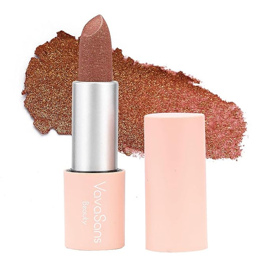 Vegan Glitter Lipstick Mermaid Shimmer Metallic Sparkling Nude Brown Shade Long Lasting Waterproof Non-Sticky Formula Diamond Shiny Highly Pigmented Lip Stick for Women