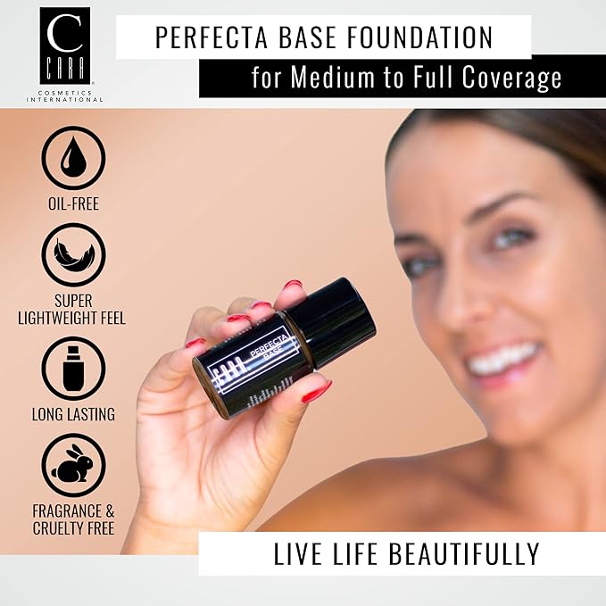 CARA Cosmetics Perfecta Base Foundation - Full Coverage Foundation Makeup, Oil Free Foundation, Light Foundation, Uneven Skin Tone & Oily Skin Foundations, BR-3: Bronze Warm Medium,1 oz.