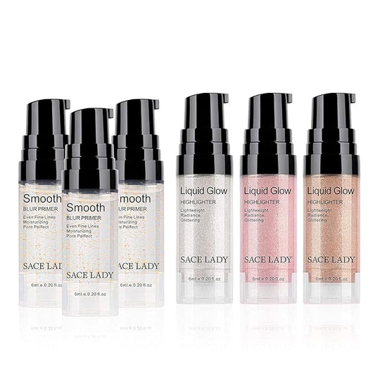 Poreless Face Primer 3pcs & Shimmer Highlighter Makeup Glow Illuminator 3pcs, Ultra-smooth Soft Lightweight Pore Minimizer and Liquid Highlighter Face Cosmetic Set