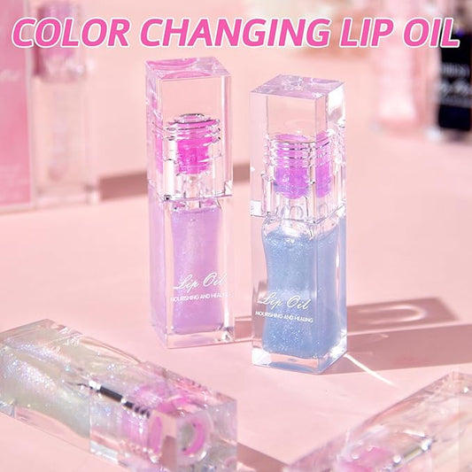 Erinde Magic Color Changing Lip Oil, Moisturizing Lip Glow Oil, Plumping Shimmer Big Brush Tinted Lip Balm Lip Care, Long Lasting Nourishing Non-sticky Fresh Texture Lip Gloss Lip Balm