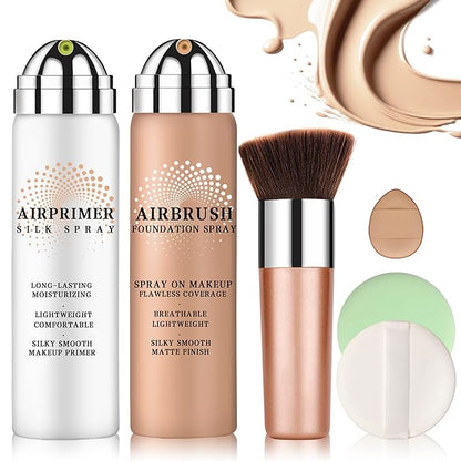 Air Brush Makeup Foundation Spray and Primer for Face Before Makeup,Silk Airbrush Flawless Setting Spray,Waterproof,with Brush and 2 Powder Puffs (03 Nude)