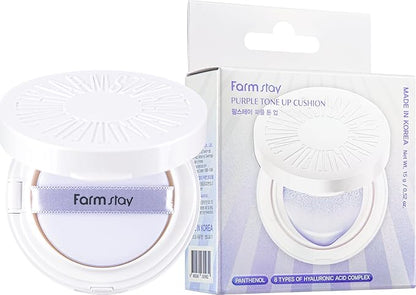FarmStay Purple Tone Up Cushion –Tinted Korean Makeup Base for Radiant and Even-Looking Skin – Lightweight, Moisture-Rich Compact – 0.52 oz. /15g